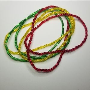 6 Stackable Elastic Bracelets Red Yellow Green Glass Beads